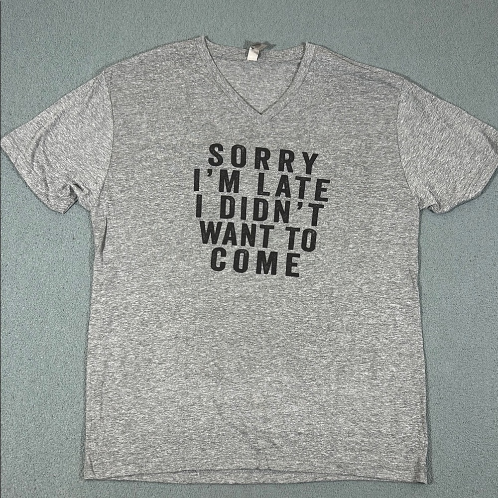 Unisex Gray V-Neck Graphic T-Shirt | Size Large Casual Tee